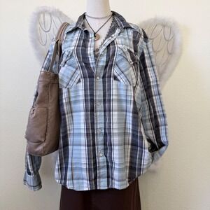 Western Cowboy Plaid Long Sleeve Button Up Shirt Blue Gray 2000s Preppy Emo Y2K